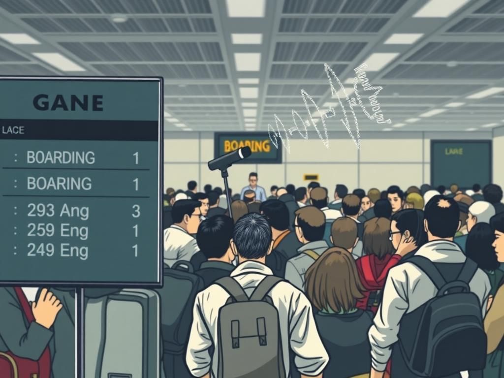 Flick International A chaotic airport boarding scene with anxious travelers and an inaudible gate agent