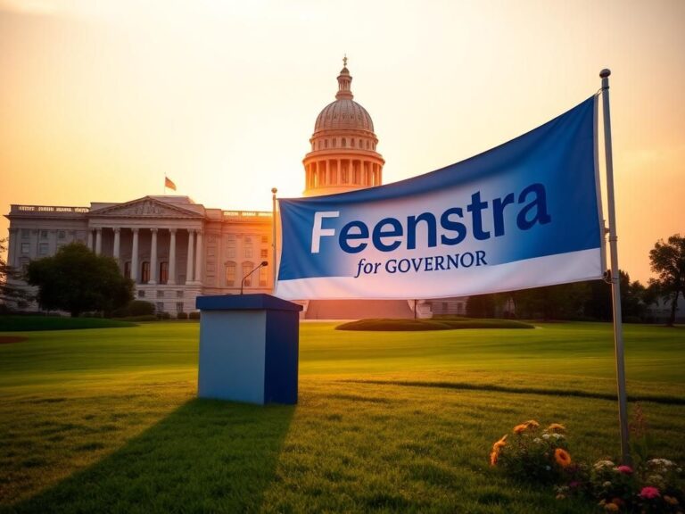 Flick International Scenic view of the Iowa State Capitol building at sunrise with a podium for Feenstra's gubernatorial campaign