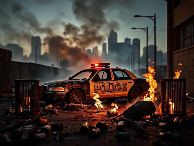 Flick International Aftermath of a riot in Los Angeles with a burned-out police car