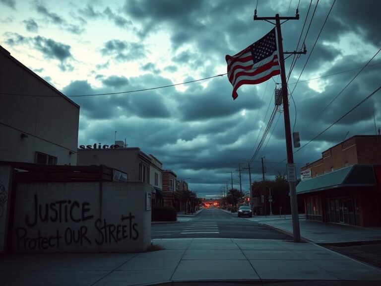 Flick International A deserted street in Los Angeles with damaged storefronts and graffiti reflecting societal unrest.