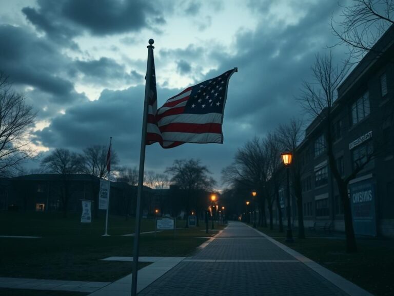 Flick International An empty college campus at twilight with an American flag and anti-terror slogans