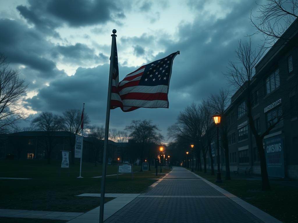 Flick International An empty college campus at twilight with an American flag and anti-terror slogans