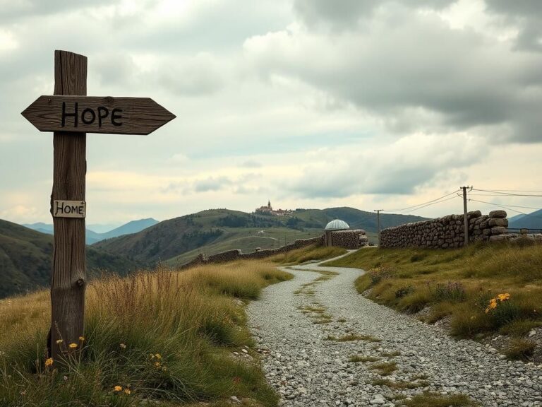 Flick International Serene landscape of Kosovo's mountainous terrain with a weathered signpost symbolizing migration paths.