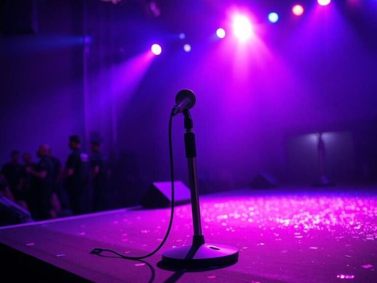 Flick International Empty microphone stand on a vibrant concert stage with confetti, symbolizing disruption during Katy Perry's performance.