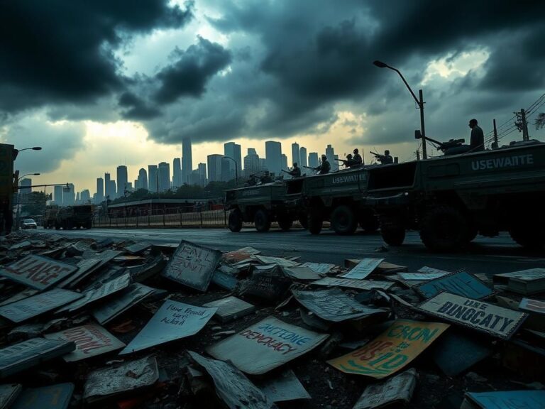 Flick International Urban scene depicting protests in Los Angeles with signs calling for justice and democracy.