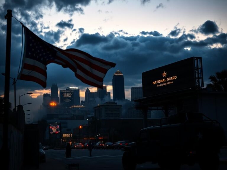 Flick International Twilight view of Los Angeles skyline with torn American flag and signs of unrest