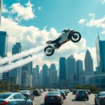 Flick International Volonaut Airbike soaring above a vibrant urban landscape