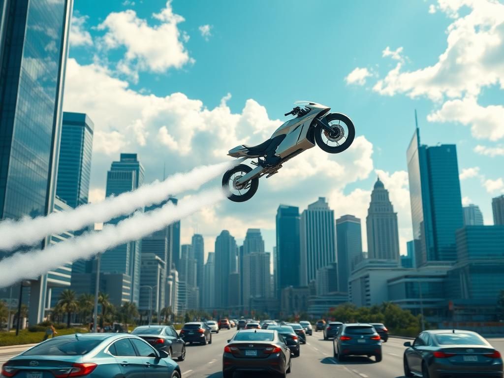 Flick International Volonaut Airbike soaring above a vibrant urban landscape
