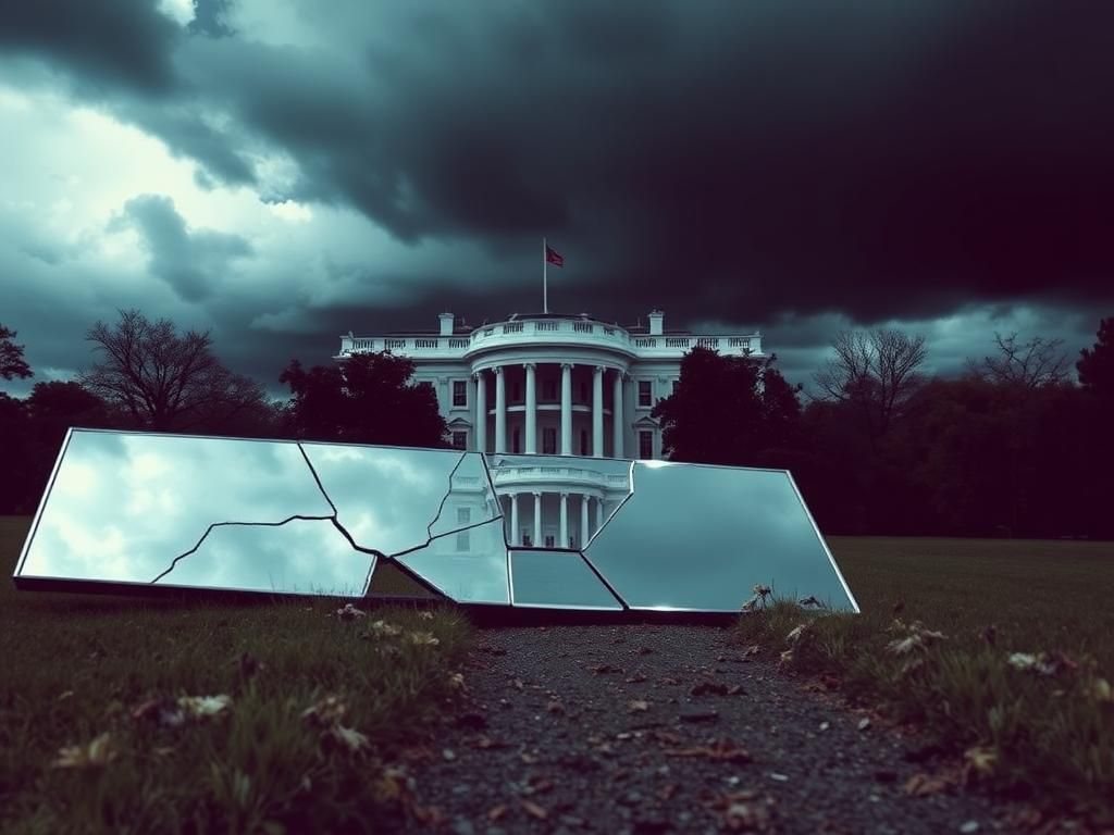 Flick International Shadowy White House obscured by dark storm clouds symbolizing secrecy and uncertainty