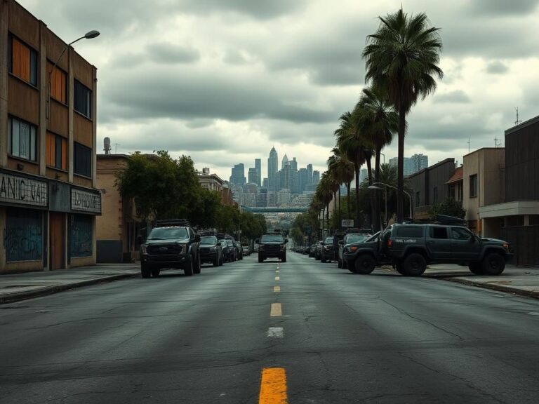 Flick International National Guard trucks lined up in an empty Los Angeles street during civil unrest
