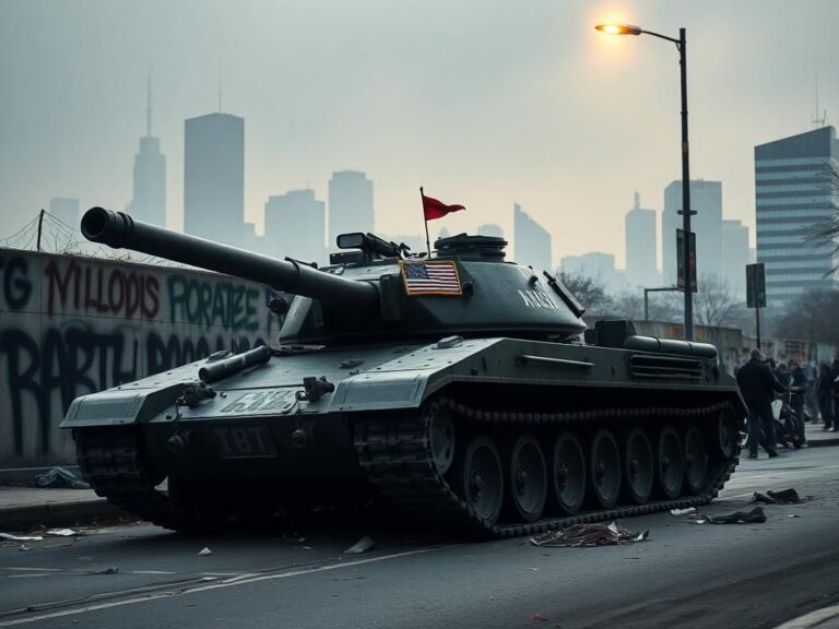 Flick International Military tank parked on a city street amidst graffiti and debris, symbolizing tension and unrest.