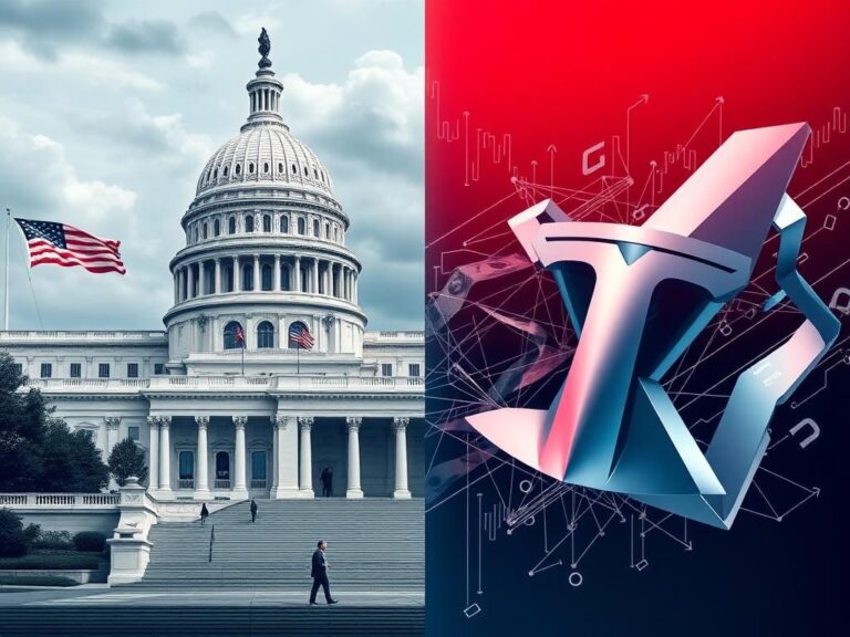 Flick International A split image showing a grand government building on one side and futuristic technology symbols on the other, representing Trump's reconciliation with Elon Musk.