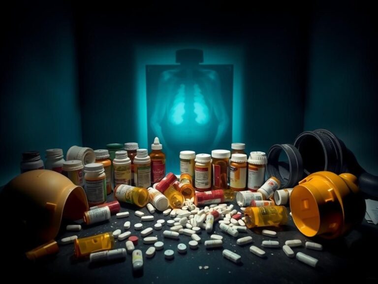 Flick International A dark, ominous room filled with prescription pill bottles and a shadowy x-ray machine