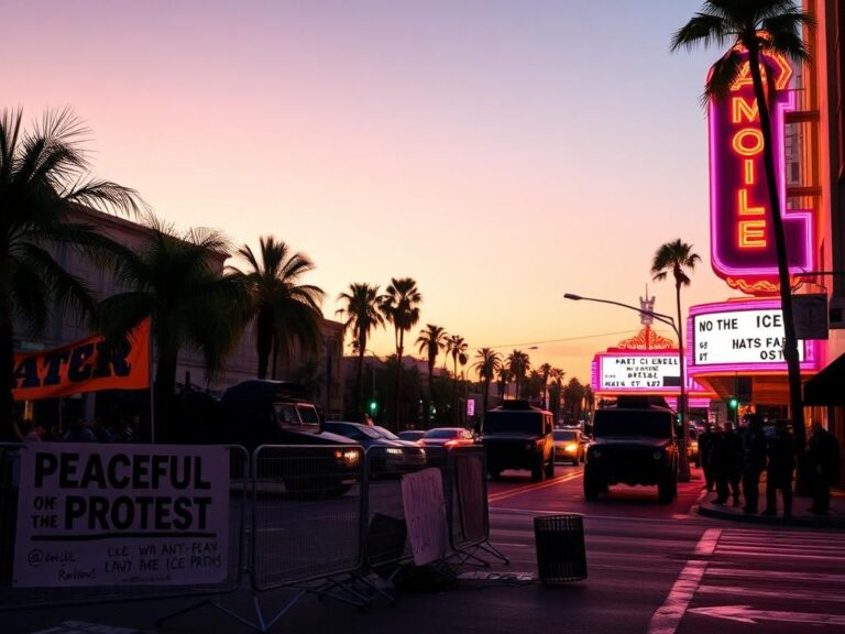 Flick International A vibrant urban landscape of Los Angeles at dusk with a barricade and military vehicles