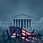 Flick International Stylized representation of the U.S. Supreme Court building surrounded by abstract shapes of firearms and the American flag