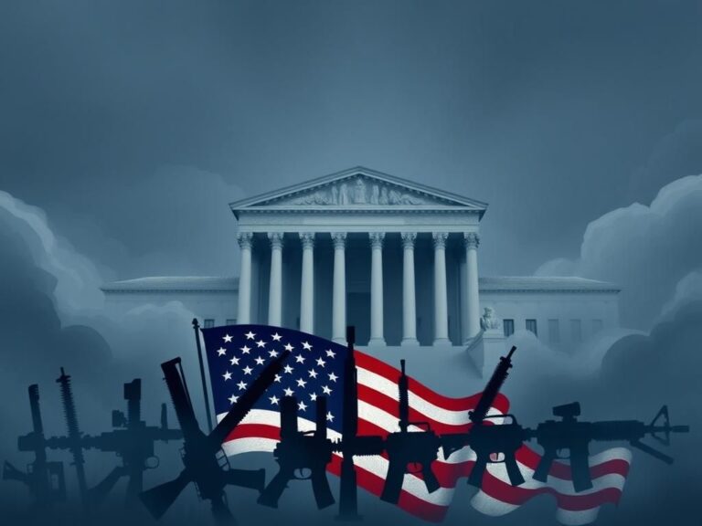 Flick International Stylized representation of the U.S. Supreme Court building surrounded by abstract shapes of firearms and the American flag