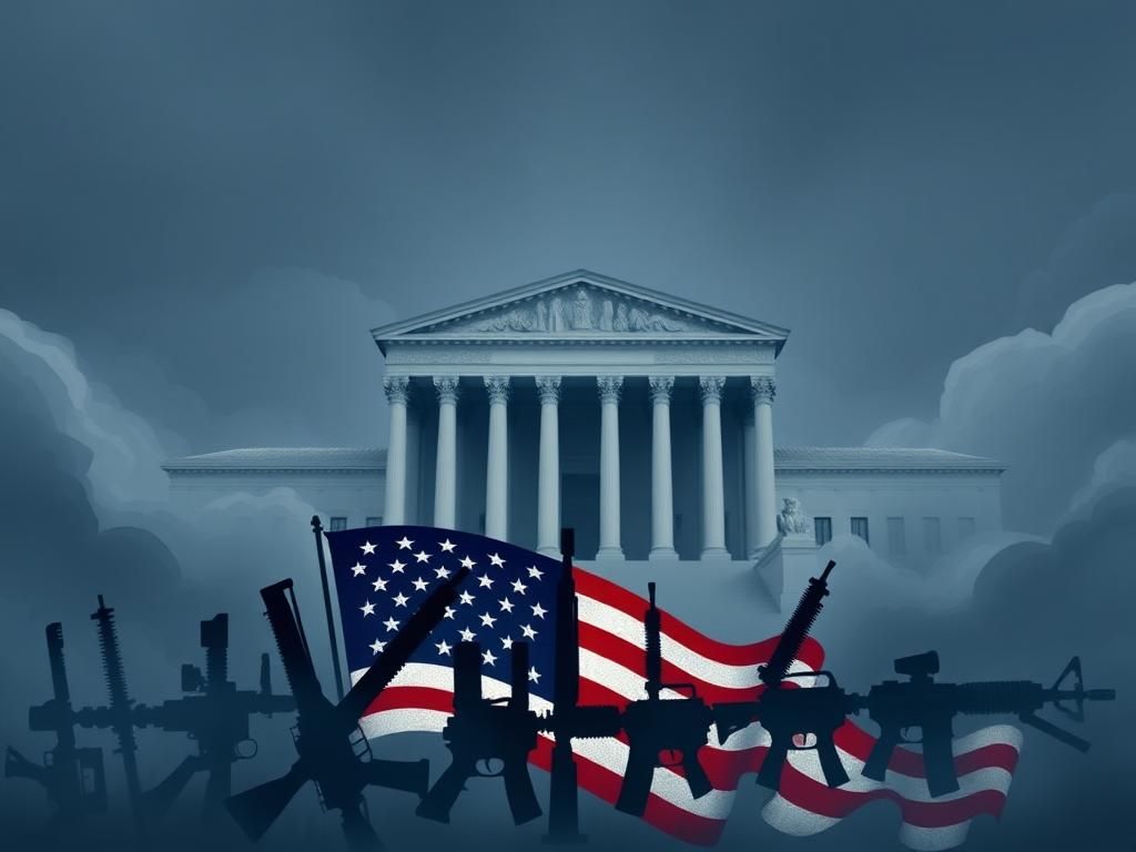 Flick International Stylized representation of the U.S. Supreme Court building surrounded by abstract shapes of firearms and the American flag