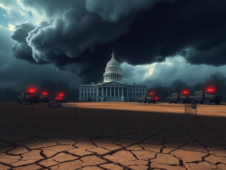 Flick International A dramatic showdown between state and federal power featuring a large state capitol building under storm clouds.