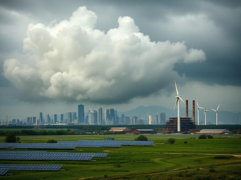 Flick International Industrial skyline with solar panels and wind turbines contrasting against a coal plant and smog
