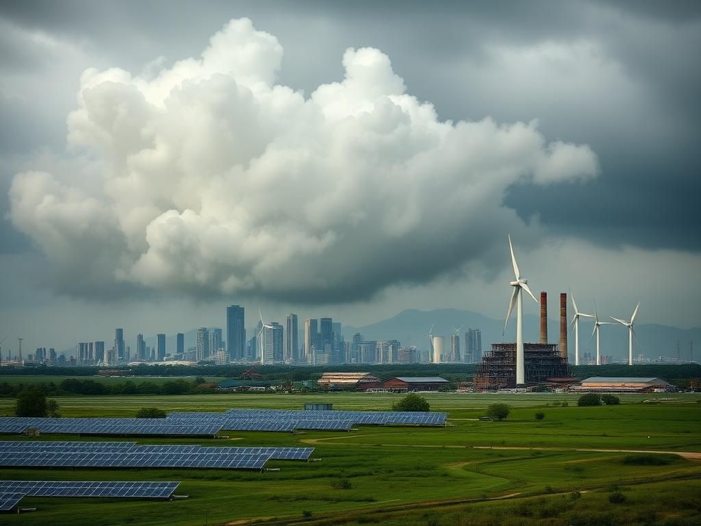 Flick International Industrial skyline with solar panels and wind turbines contrasting against a coal plant and smog