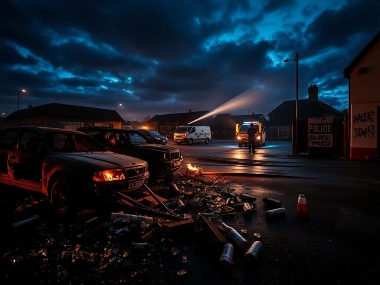 Flick International Dramatic night scene in Ballymena showing police water cannon amidst burned-out vehicles and signs of unrest