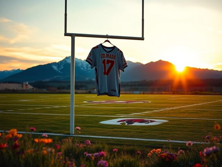 Flick International Serene sunset over a Colorado football field with branding and a fluttering jersey