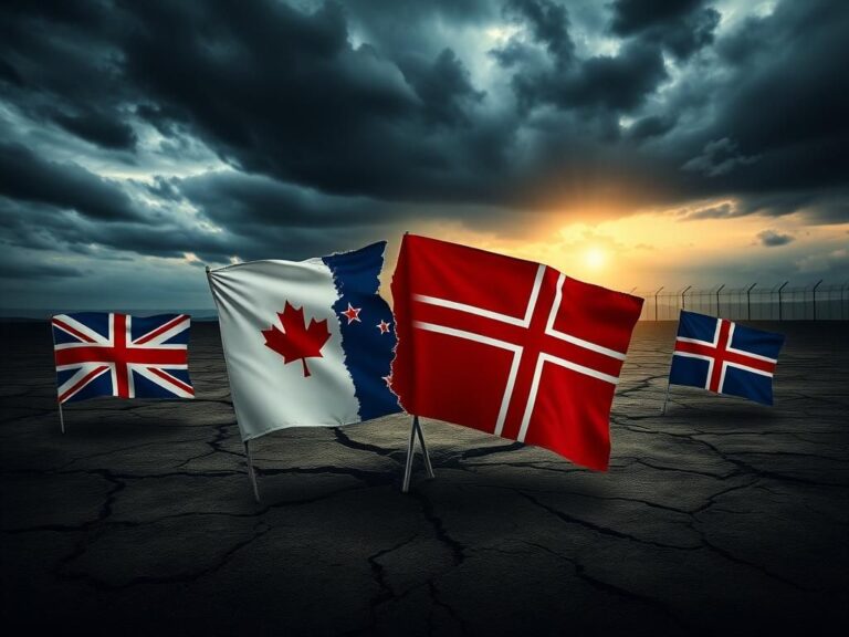 Flick International Landscape depicting flags of the U.K., Canada, Australia, New Zealand, and Norway on cracked earth symbolizing political tension