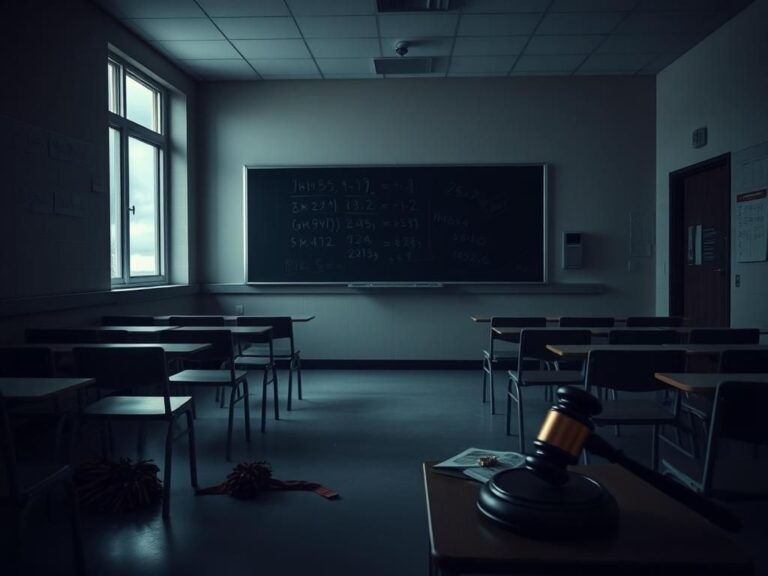 Flick International Dimly lit high school classroom with empty desks and a faded chalkboard