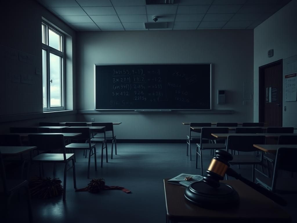 Flick International Dimly lit high school classroom with empty desks and a faded chalkboard