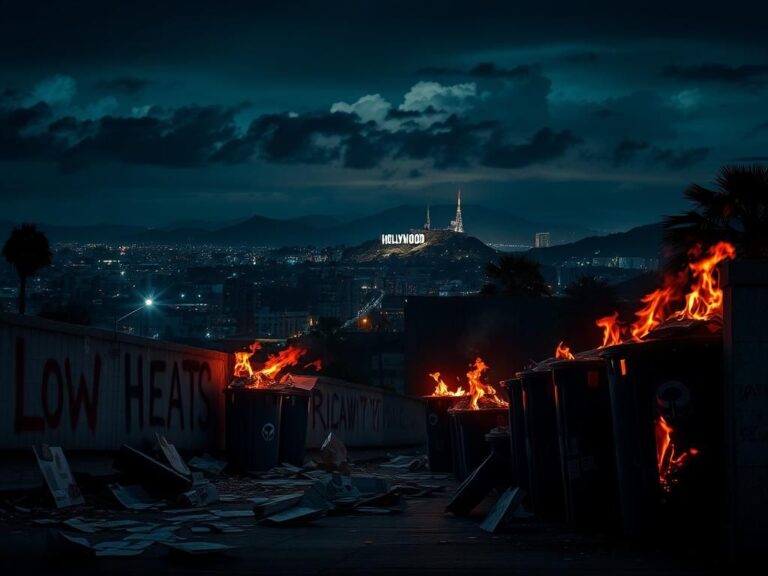 Flick International Cityscape of Los Angeles at night with protest remnants