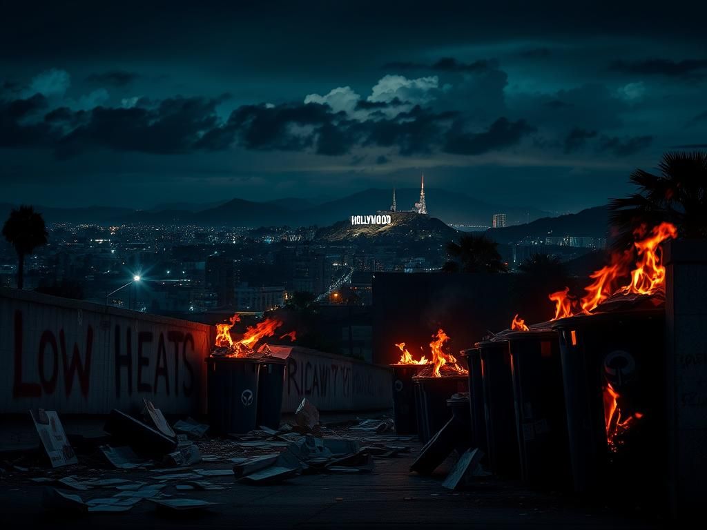 Flick International Cityscape of Los Angeles at night with protest remnants