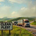 Flick International Highway lined with big rigs against green hills and smoggy skies