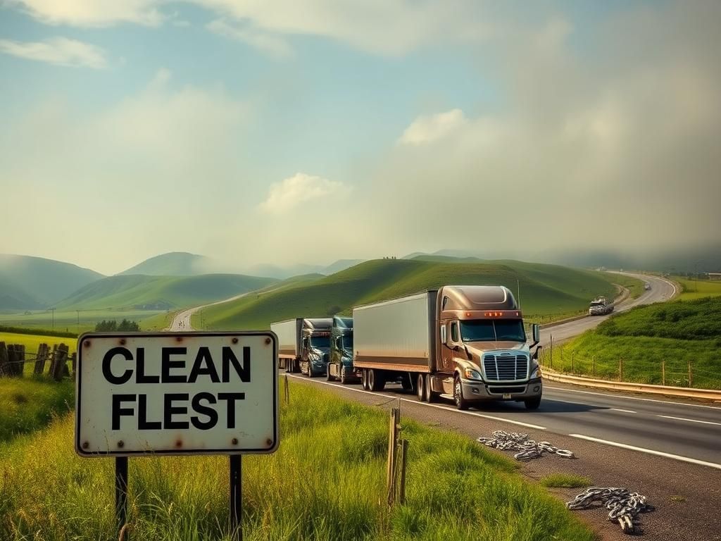 Flick International Highway lined with big rigs against green hills and smoggy skies