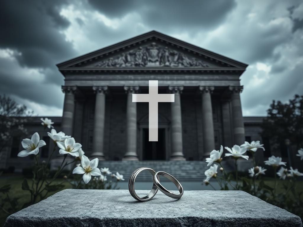 Flick International Courthouse with weathered stone façade and broken wedding ring symbolizing marriage law tensions