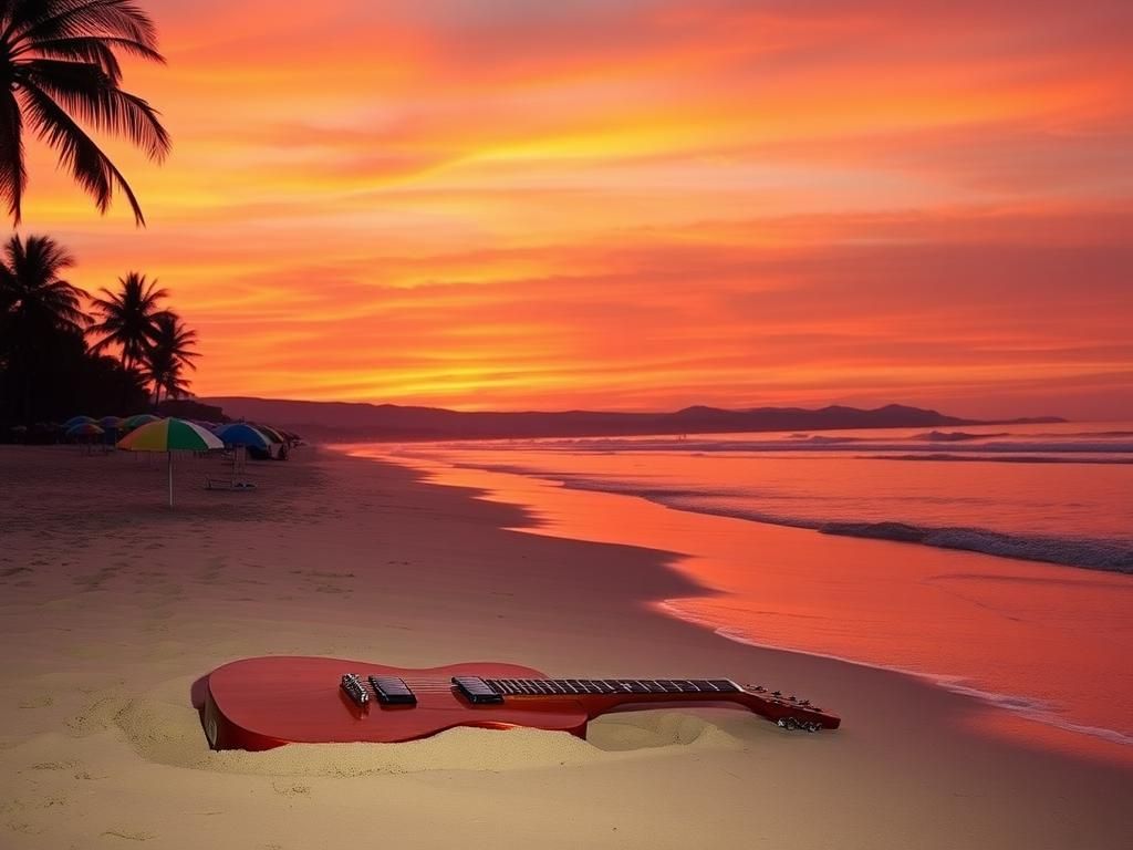 Flick International A serene beach scene at sunset with colorful umbrellas and a guitar in the sand