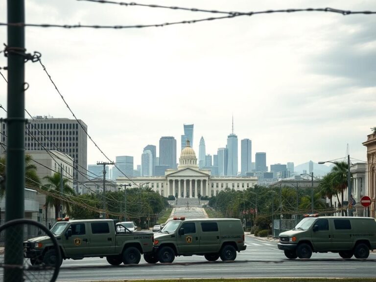 Flick International Urban landscape in Los Angeles with military presence and barbed wire.