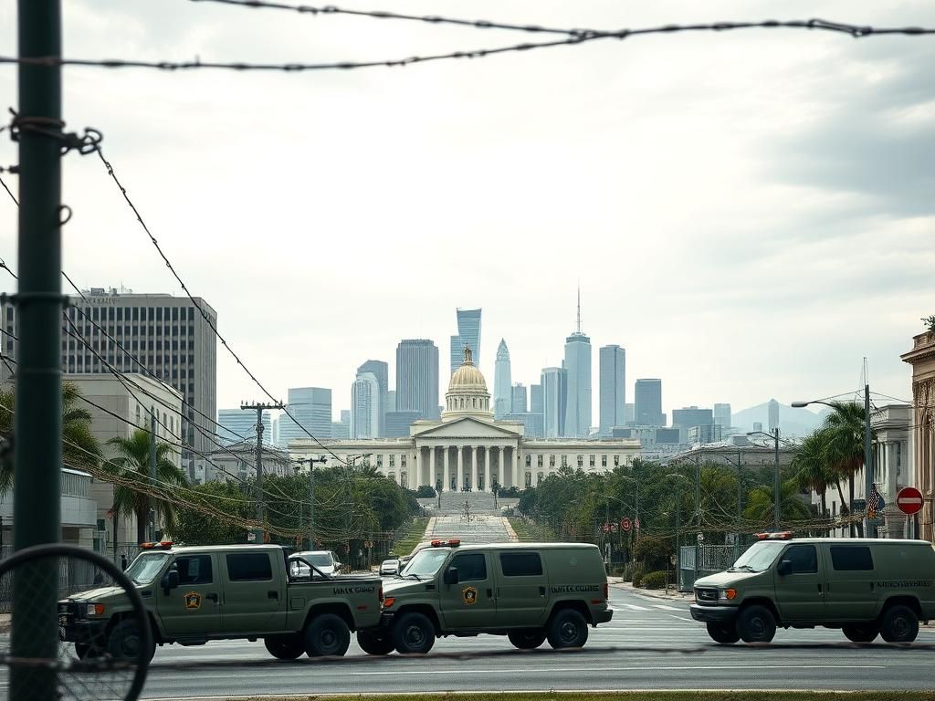 Flick International Urban landscape in Los Angeles with military presence and barbed wire.