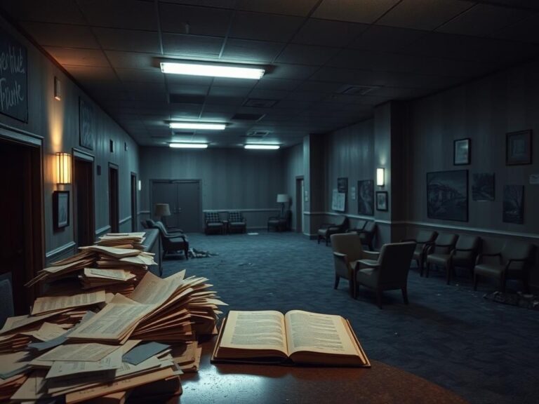 Flick International dimly lit hotel lobby depicting a taxpayer-funded immigrant shelter with cluttered reception and signs of neglect