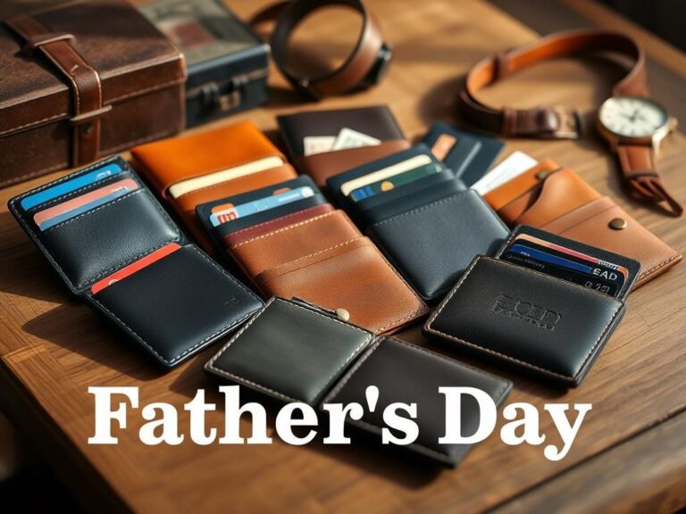 Flick International A stylish arrangement of various wallets on a wooden surface, showcasing different materials and colors for Father's Day.