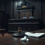 Flick International Dimly lit courtroom with gavel and legal papers symbolizing justice.