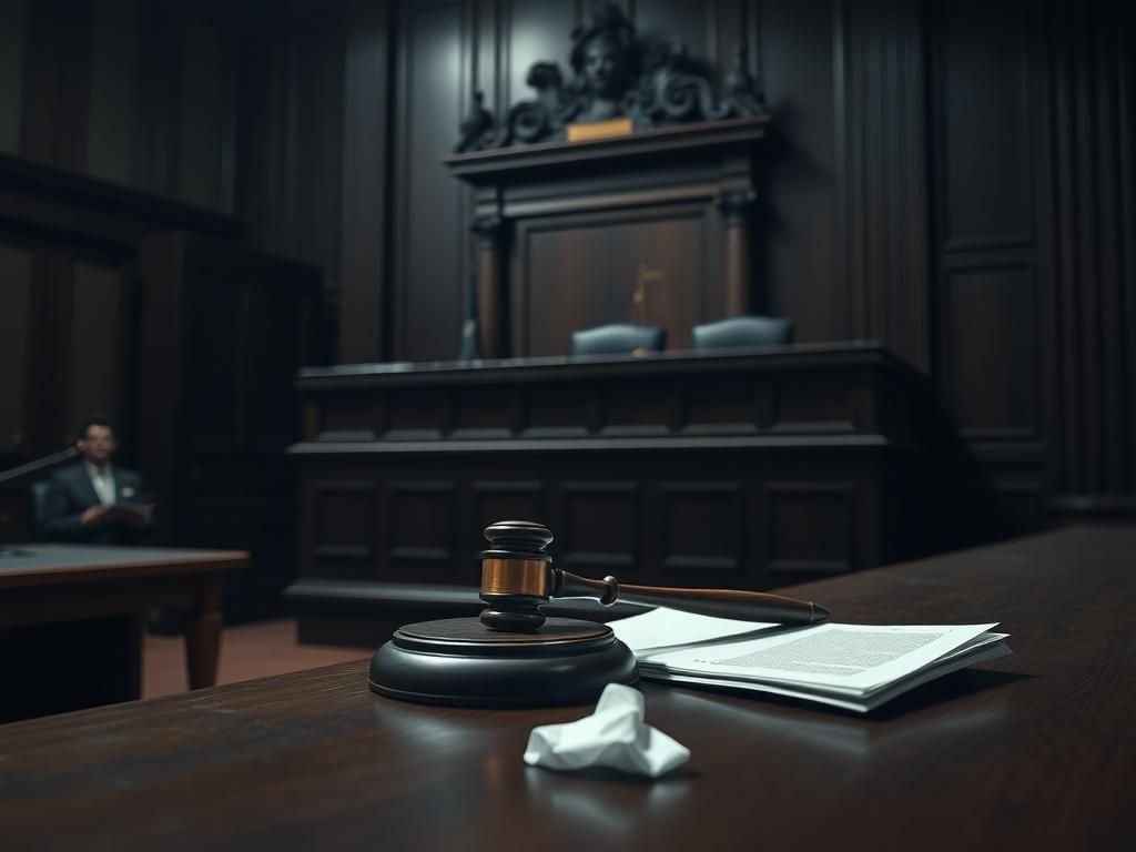 Flick International Dimly lit courtroom with gavel and legal papers symbolizing justice.