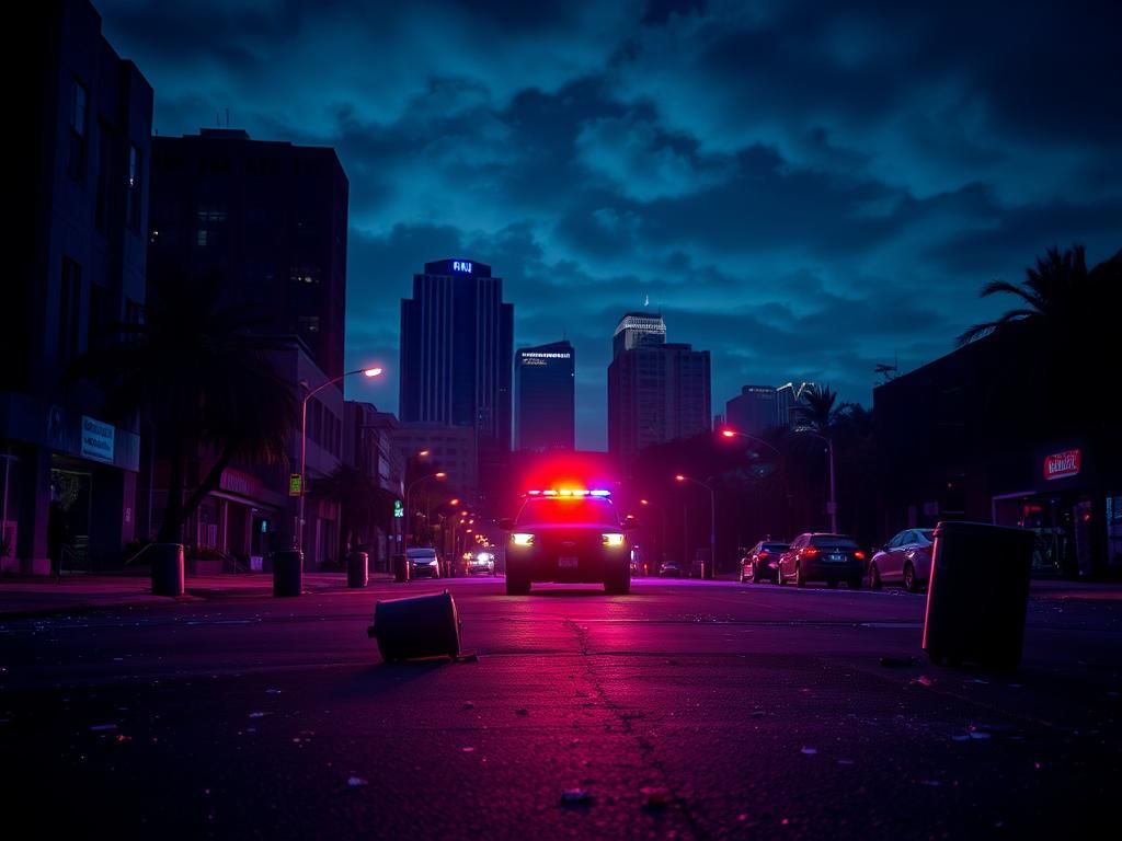 Flick International A deserted street in Los Angeles showcasing the aftermath of riots, with broken glass and overturned trash cans.