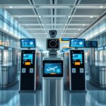 Flick International Modern airport terminal interior featuring automated border control kiosks and photo capturing technology