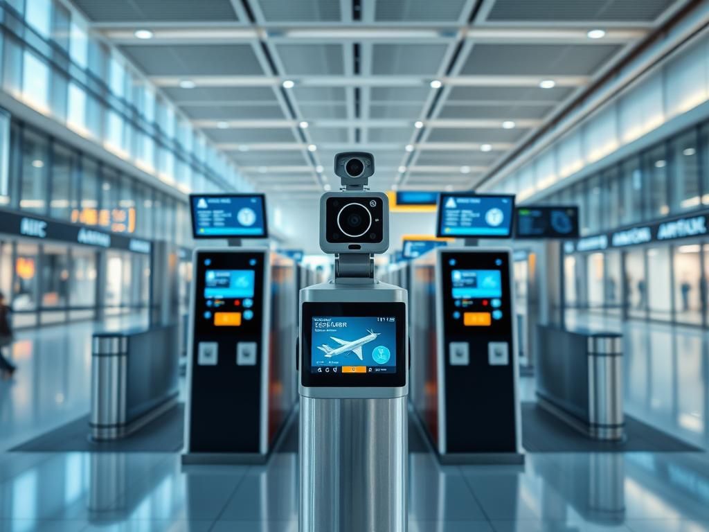 Flick International Modern airport terminal interior featuring automated border control kiosks and photo capturing technology