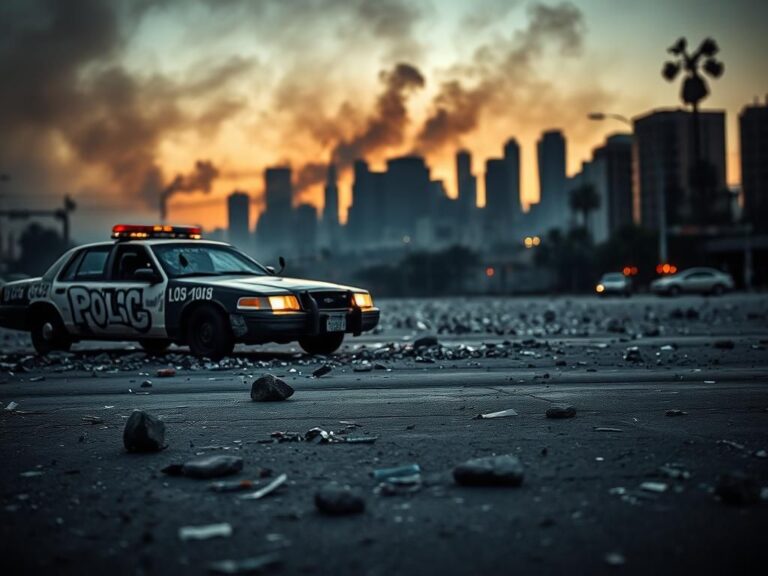 Flick International Chaotic aftermath of the Los Angeles riots with shattered glass, debris, and a vandalized police car