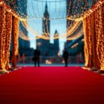 Flick International A glamorous red carpet scene in New York City featuring elegant decor with twinkling lights and a sparkly backdrop.