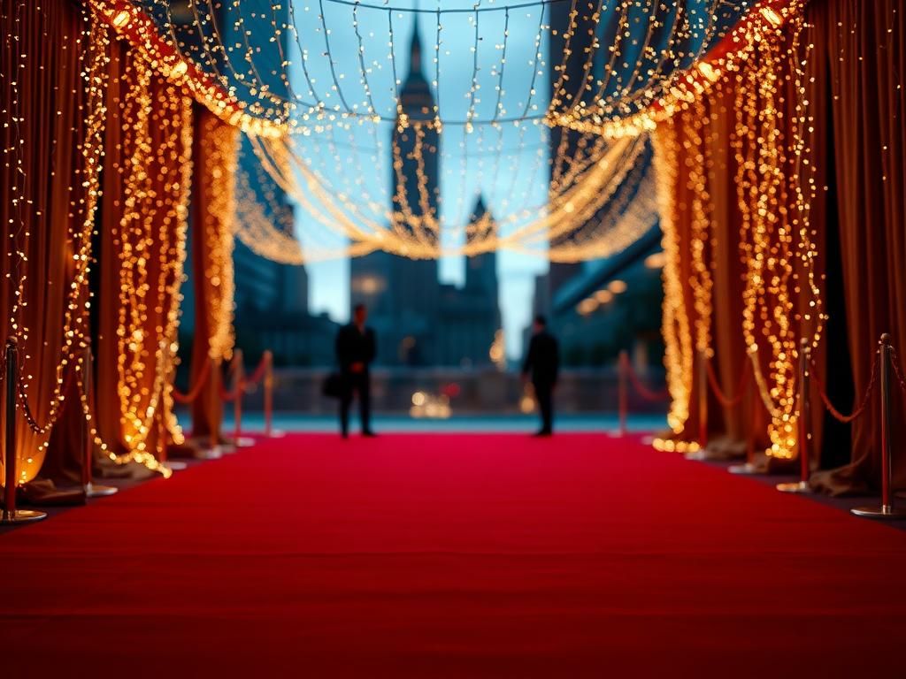 Flick International A glamorous red carpet scene in New York City featuring elegant decor with twinkling lights and a sparkly backdrop.