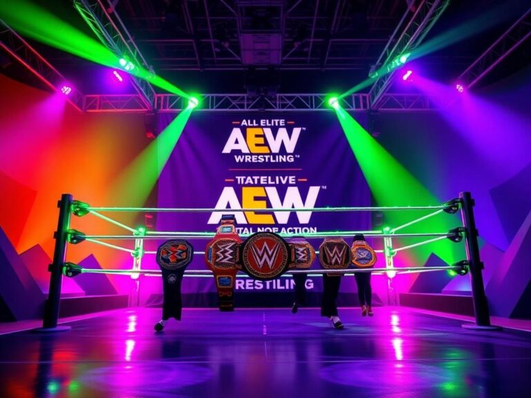 Flick International Dynamic pro wrestling ring with colorful spotlights and wrestling belts