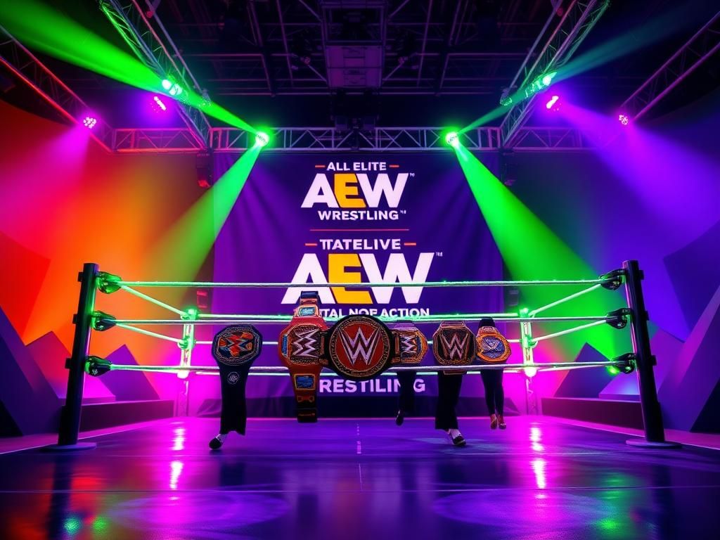Flick International Dynamic pro wrestling ring with colorful spotlights and wrestling belts