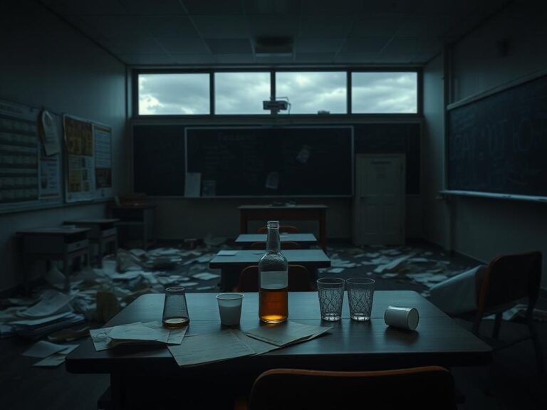 Flick International Dimly lit classroom with scattered papers and alcohol, depicting chaos
